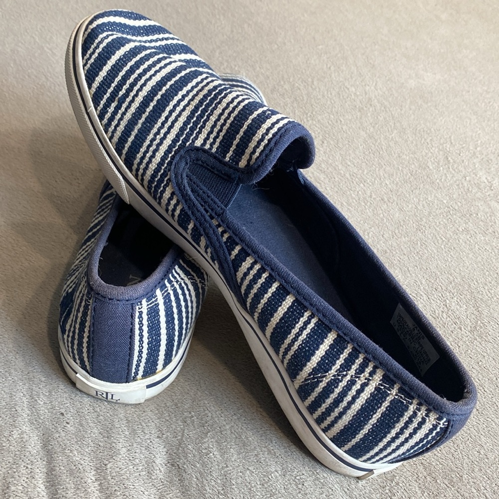 Ralph Lauren Janis Striped Slip On Navy Blue White Sneakers Women's Size 8.5B !